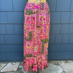 Vintage handmade 70s skirt with ruffle pockets, pink and green maxi
